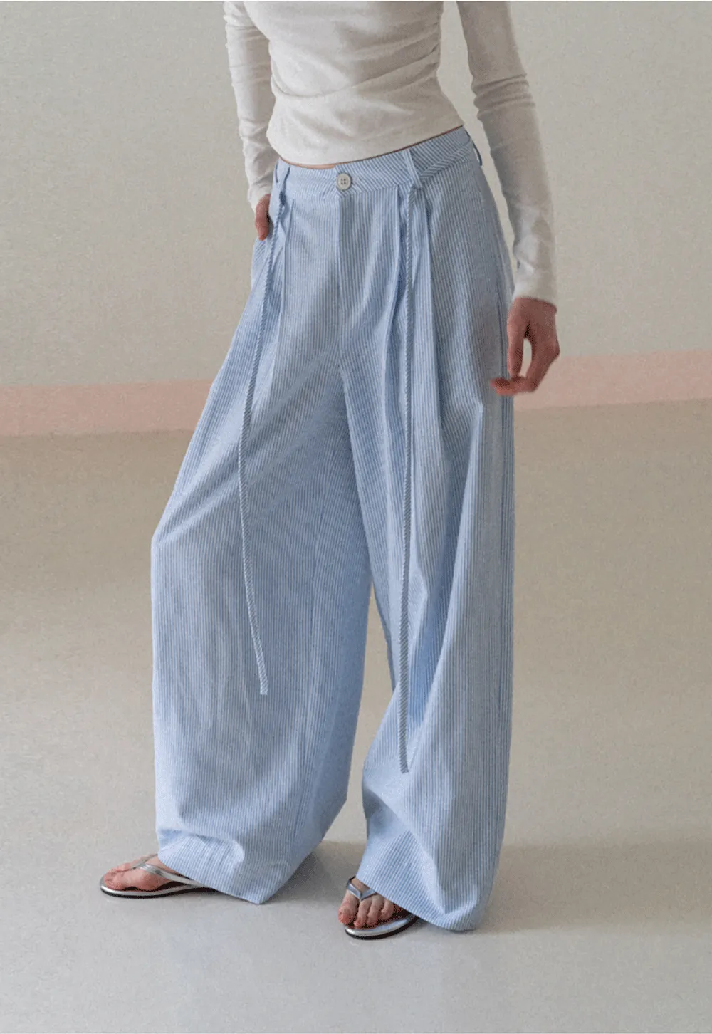 Wide Leg Pleated Casual Pants with Drawstring Waist