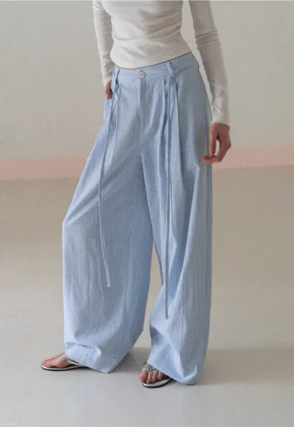 Wide Leg Pleated Casual Pants with Drawstring Waist