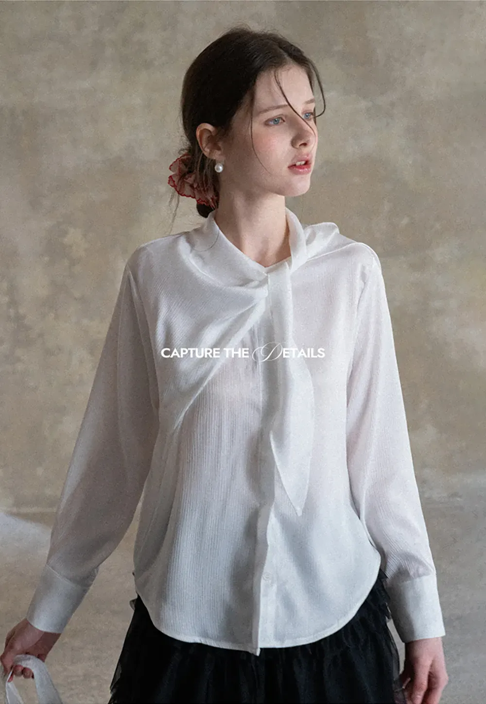 Ribbed Long Sleeve Shirt with Tie Neck Detail