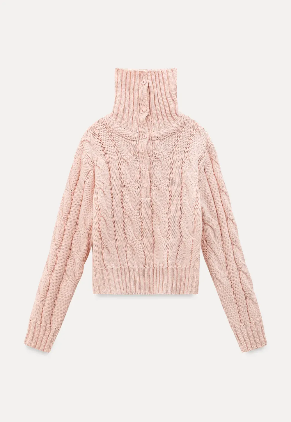 Cable Knit Turtleneck Sweater with Ribbed Sleeves and Hem