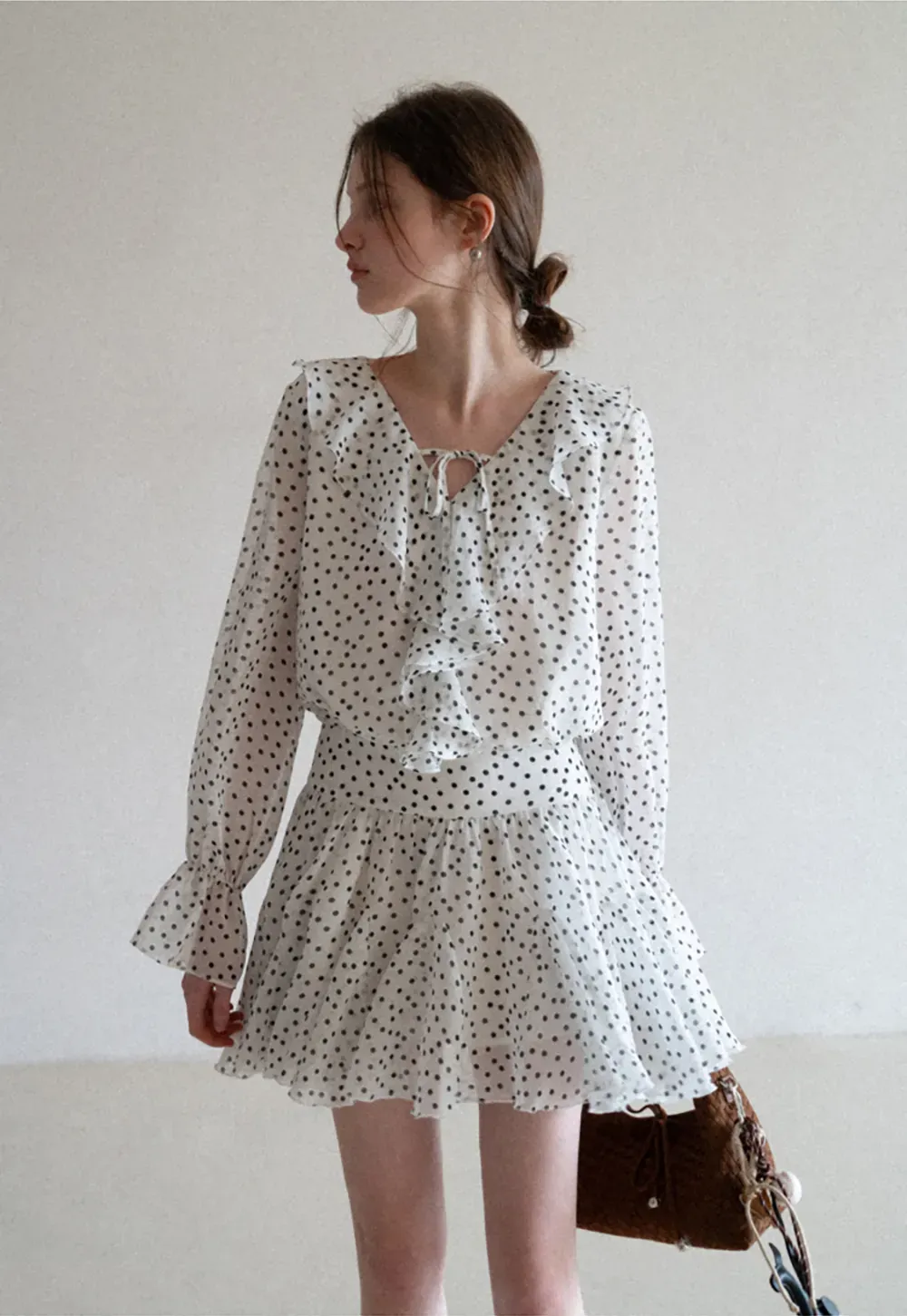 Polka Dot Ruffle Dress with V Neck and Long Sleeves