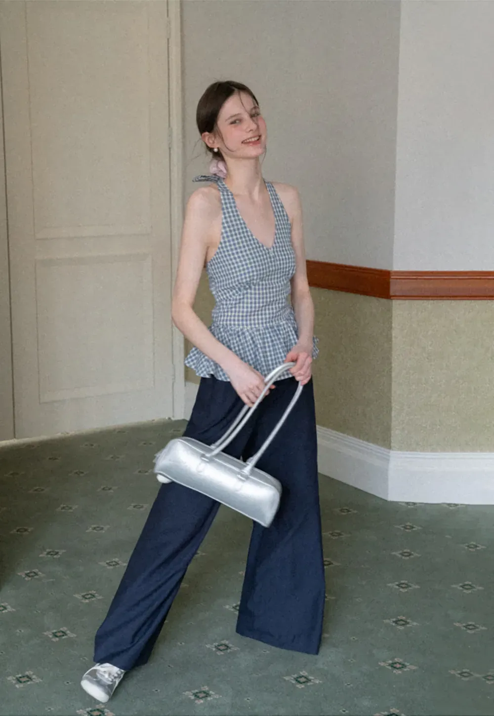 Gingham Halter Neck Peplum Top