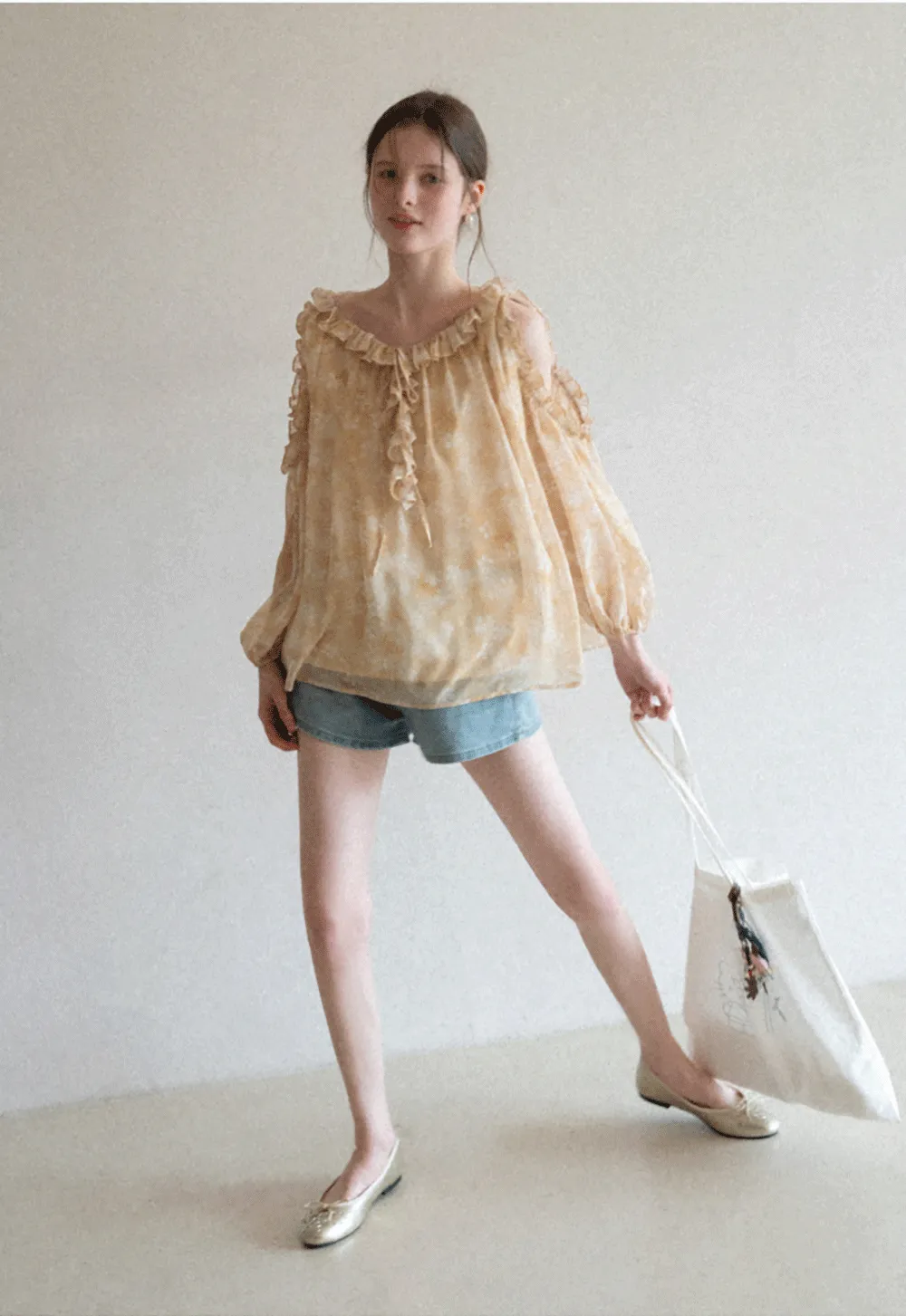 Lace Chiffon Blouse with Ruffled Neck and Sleeves