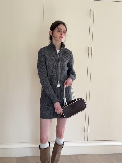 Cable Knit Zip-Up Sweater and Skirt Set