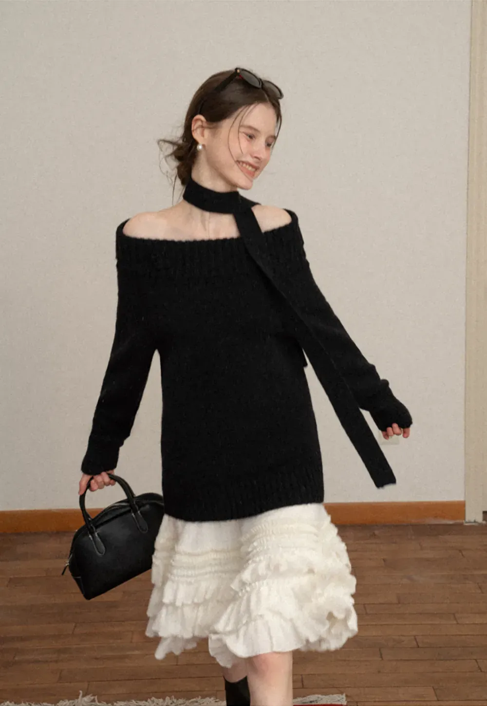 Elegant High Neck Knit Sweater with Tie Detail