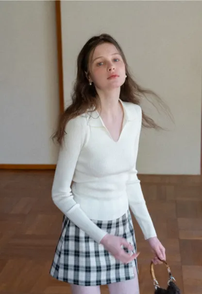 Ribbed Knit Long Sleeve Polo Neck Sweater