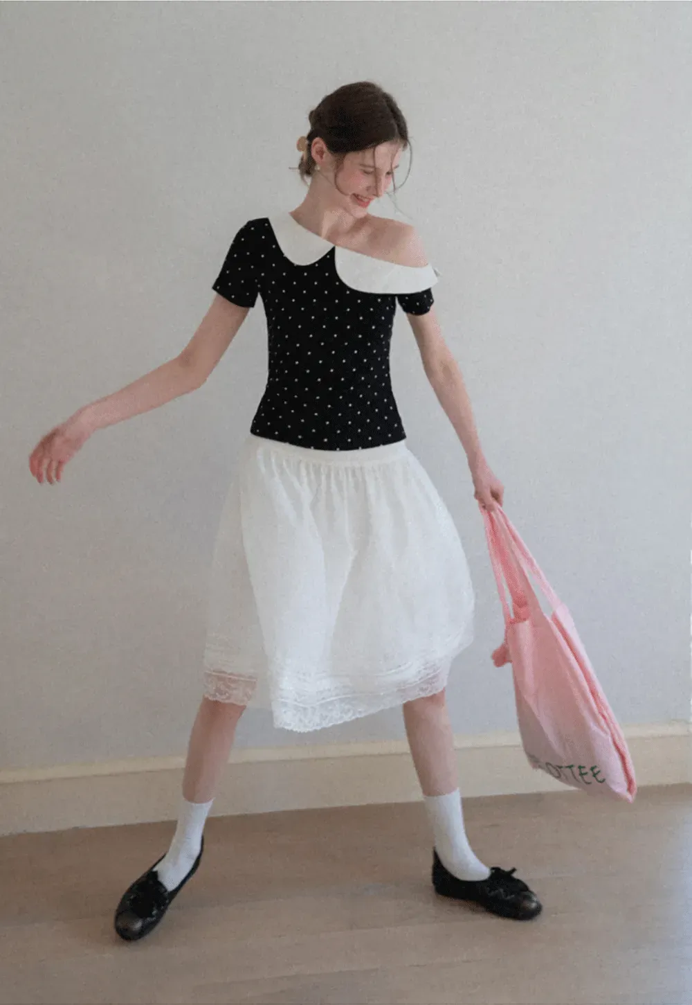 Polka dot short sleeve top with Peter Pan collar