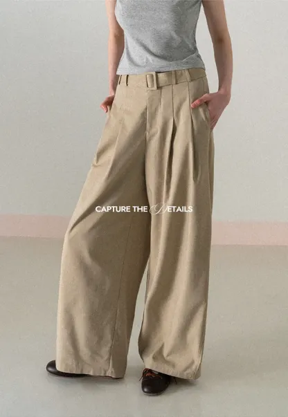 Wide Leg Pleated Casual Pants with Belt