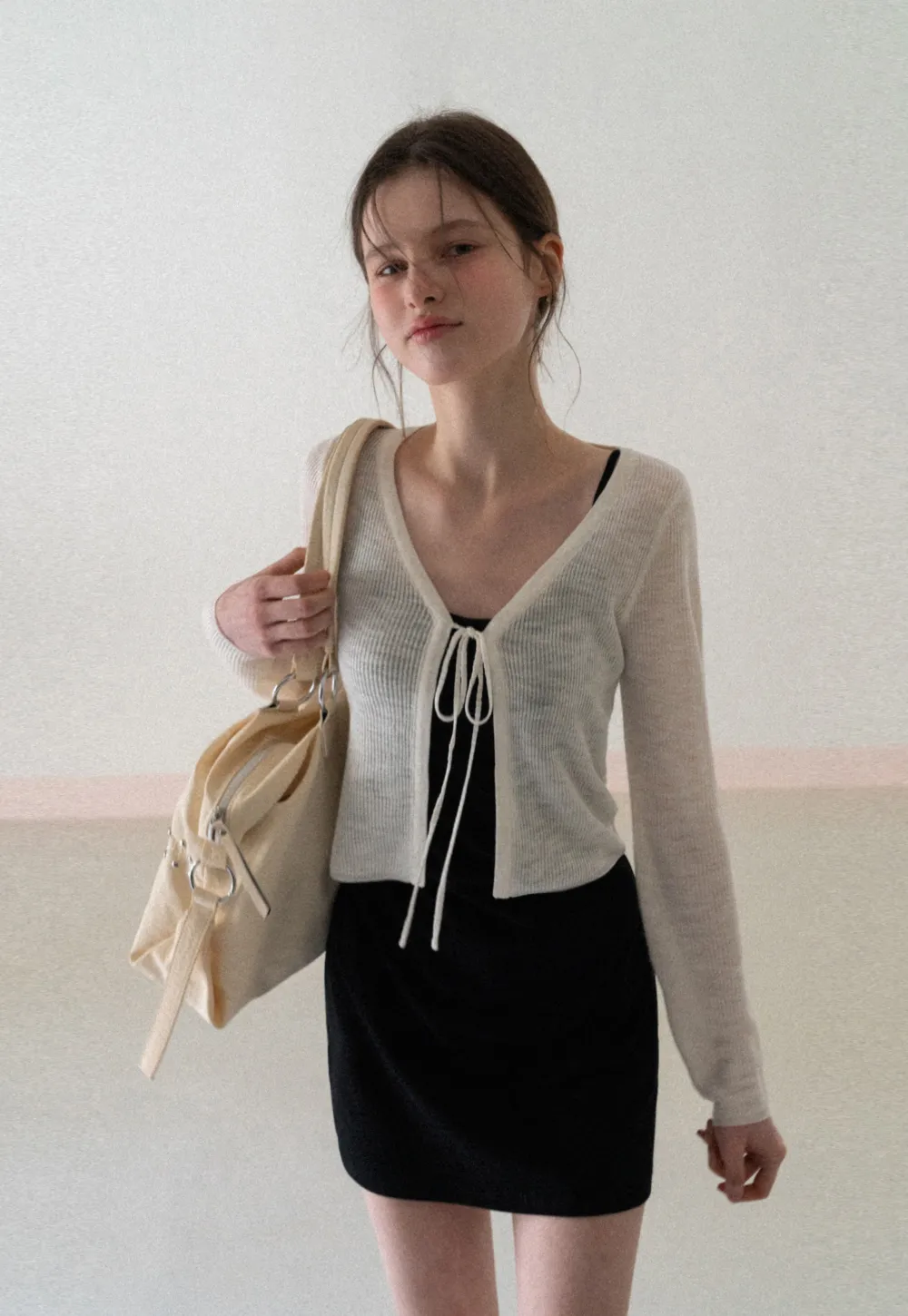 V Neck Long Sleeve Knit Cardigan with Front Tie