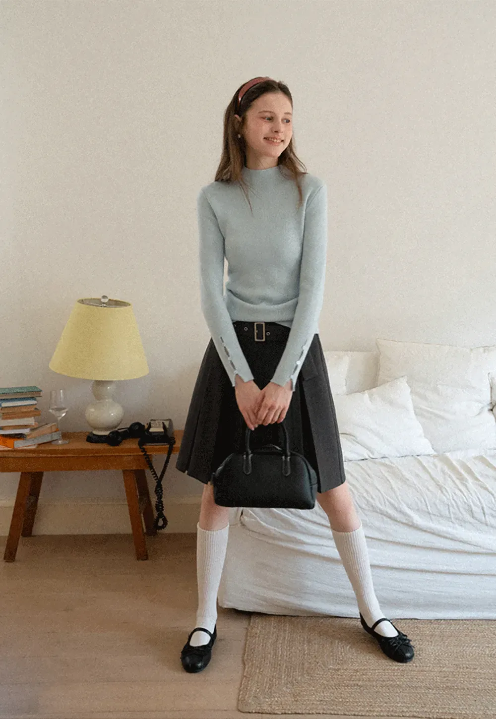 Pleated A Line Skirt with Belt Detail