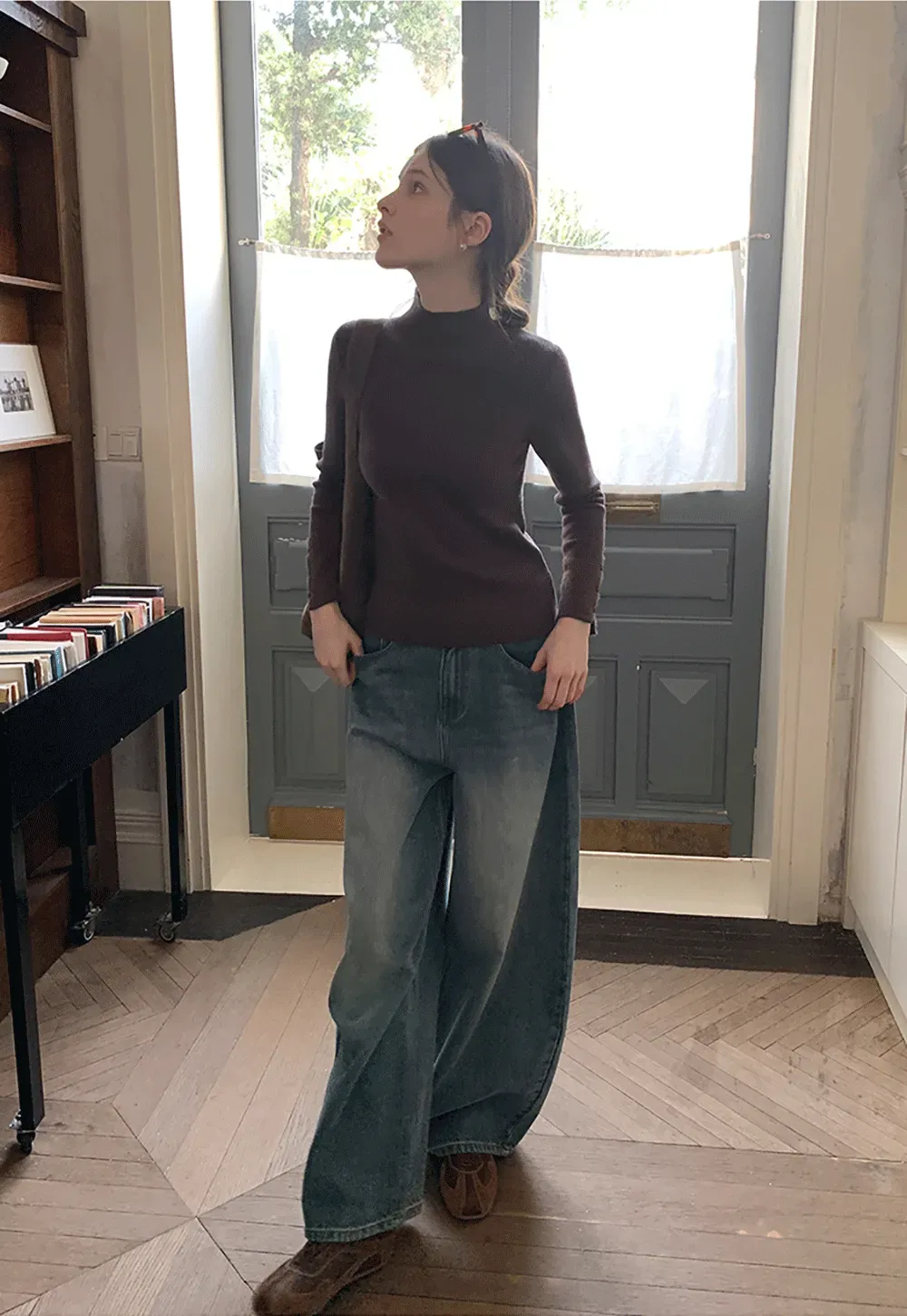 Elegant High Neck Knit Sweater with Button Detail Sleeve