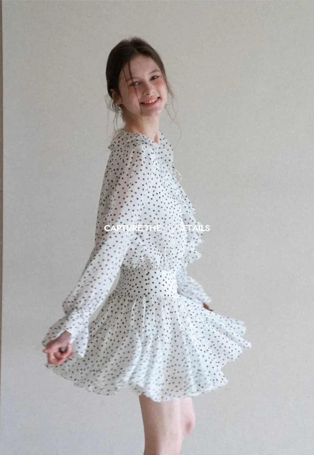 Polka Dot Ruffle Dress with V Neck and Long Sleeves