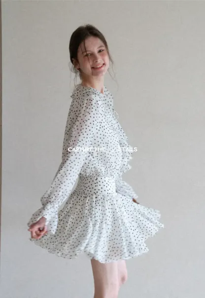 Polka Dot Ruffle Dress with V Neck and Long Sleeves