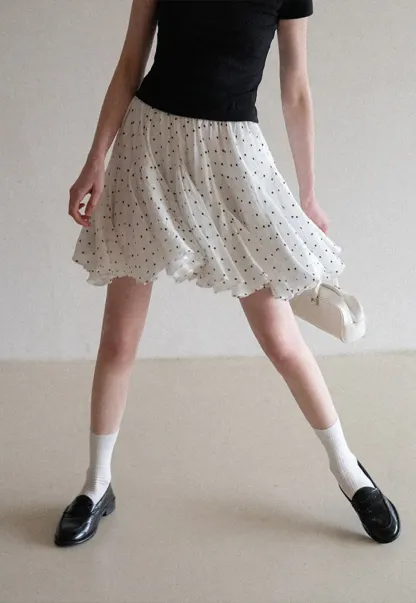 Polka dot pleated skirt with elastic waistband