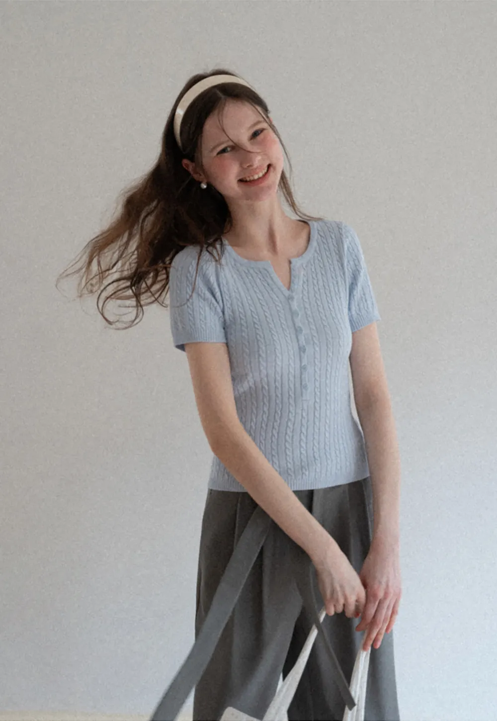 Cable Knit Short Sleeve V Neck Sweater