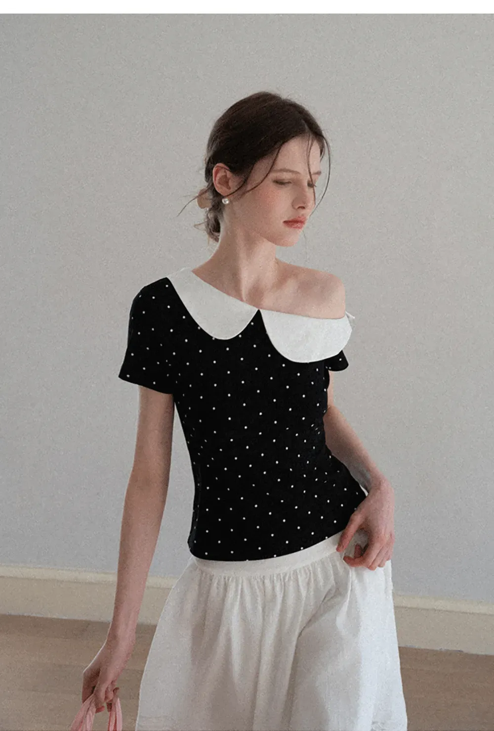 Polka dot short sleeve top with Peter Pan collar