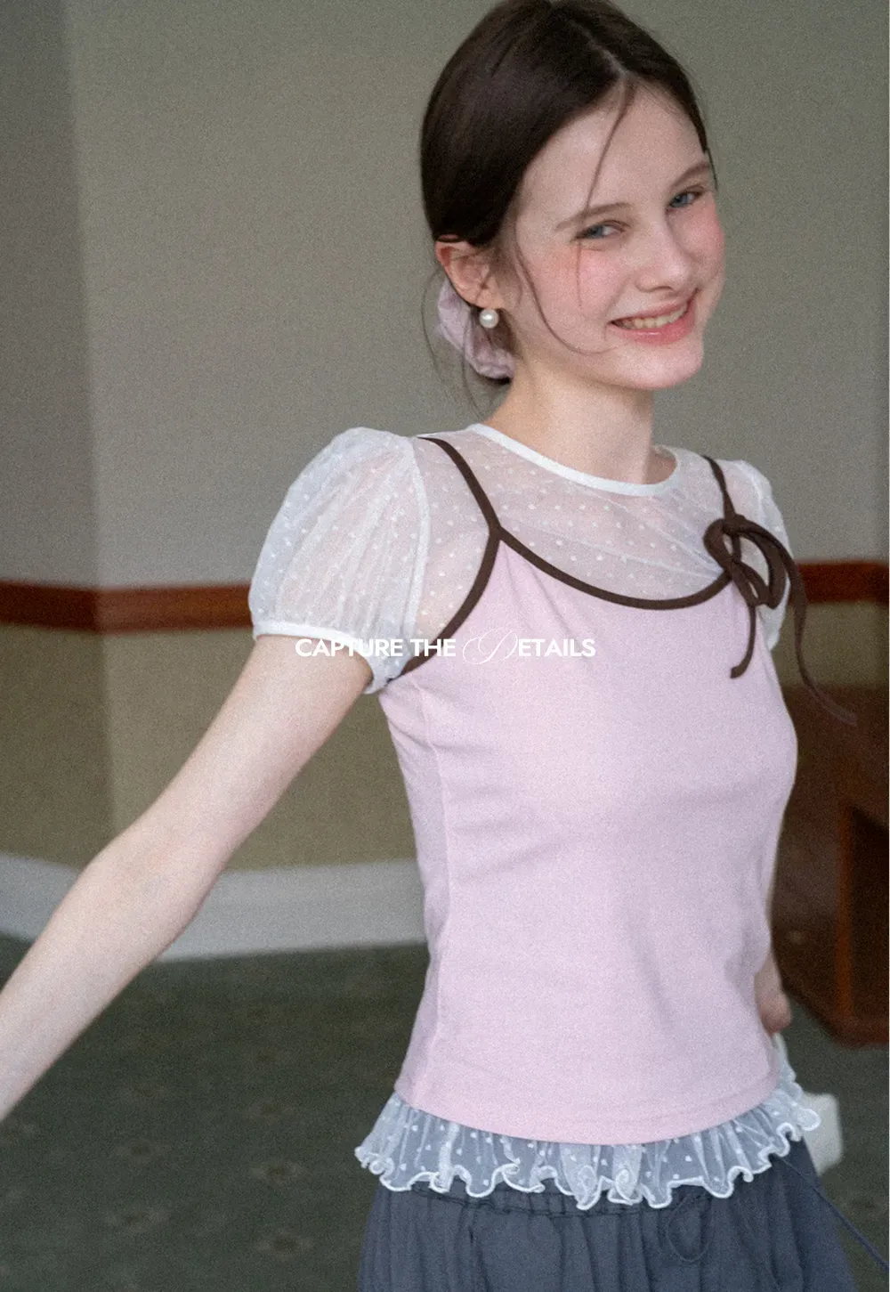 Sheer Mesh Trimmed Tank Top with Bow Detail