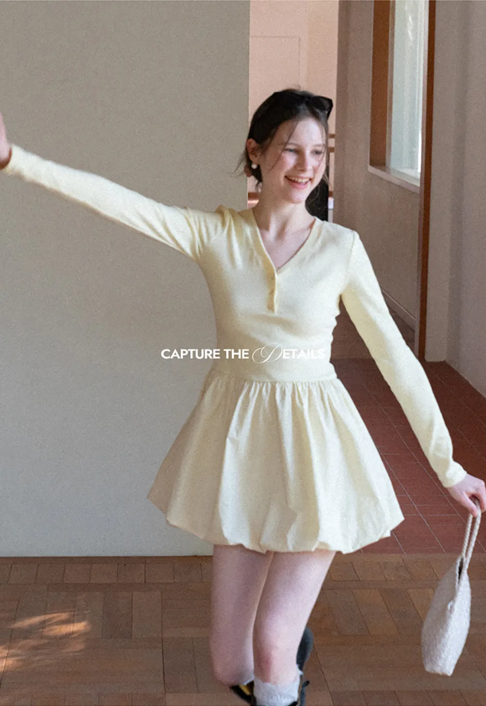 V neck long sleeve dress with flared skirt