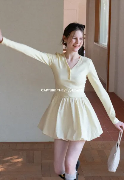 V neck long sleeve dress with flared skirt