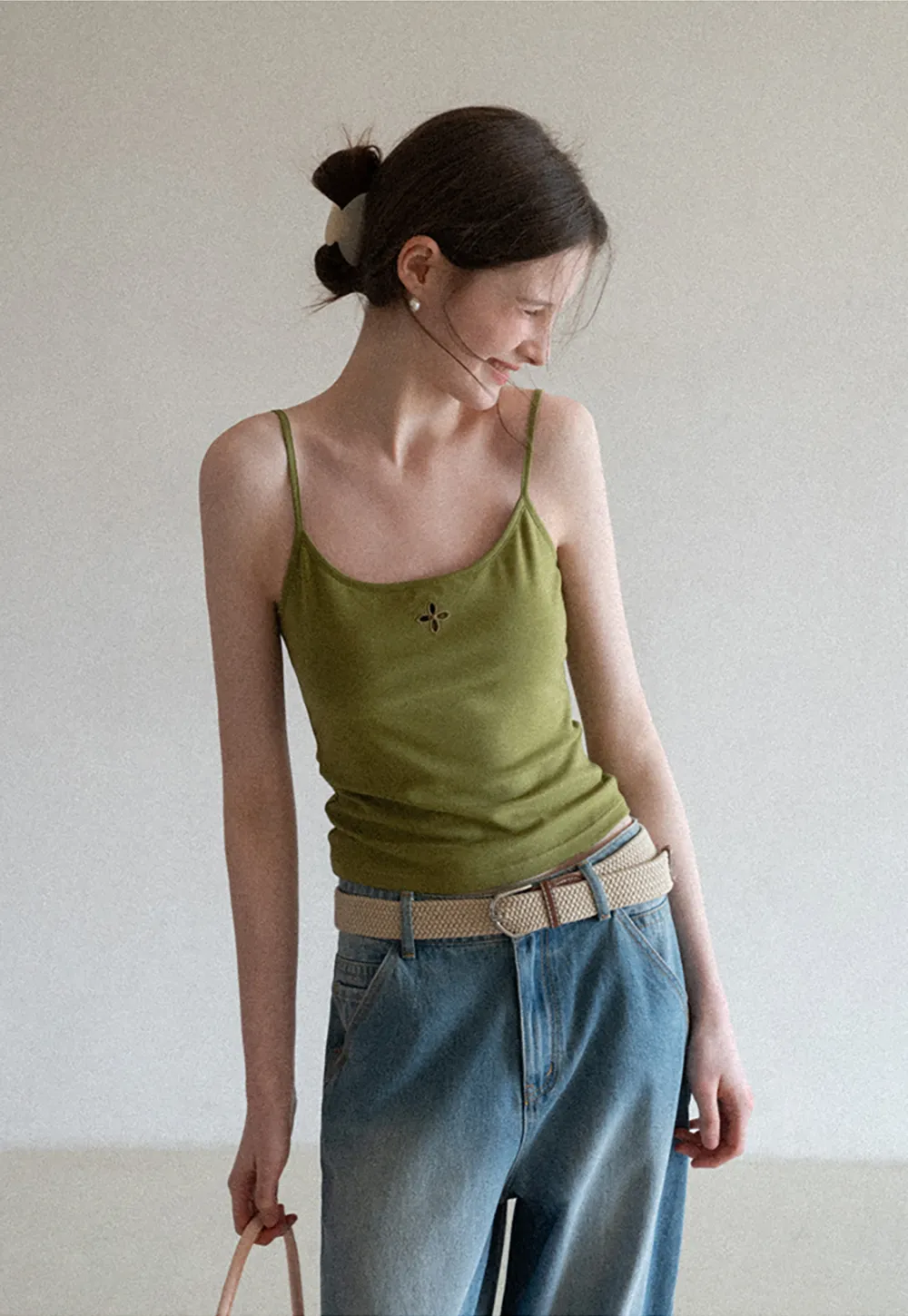 Gray tank top with small embroidered cross detail
