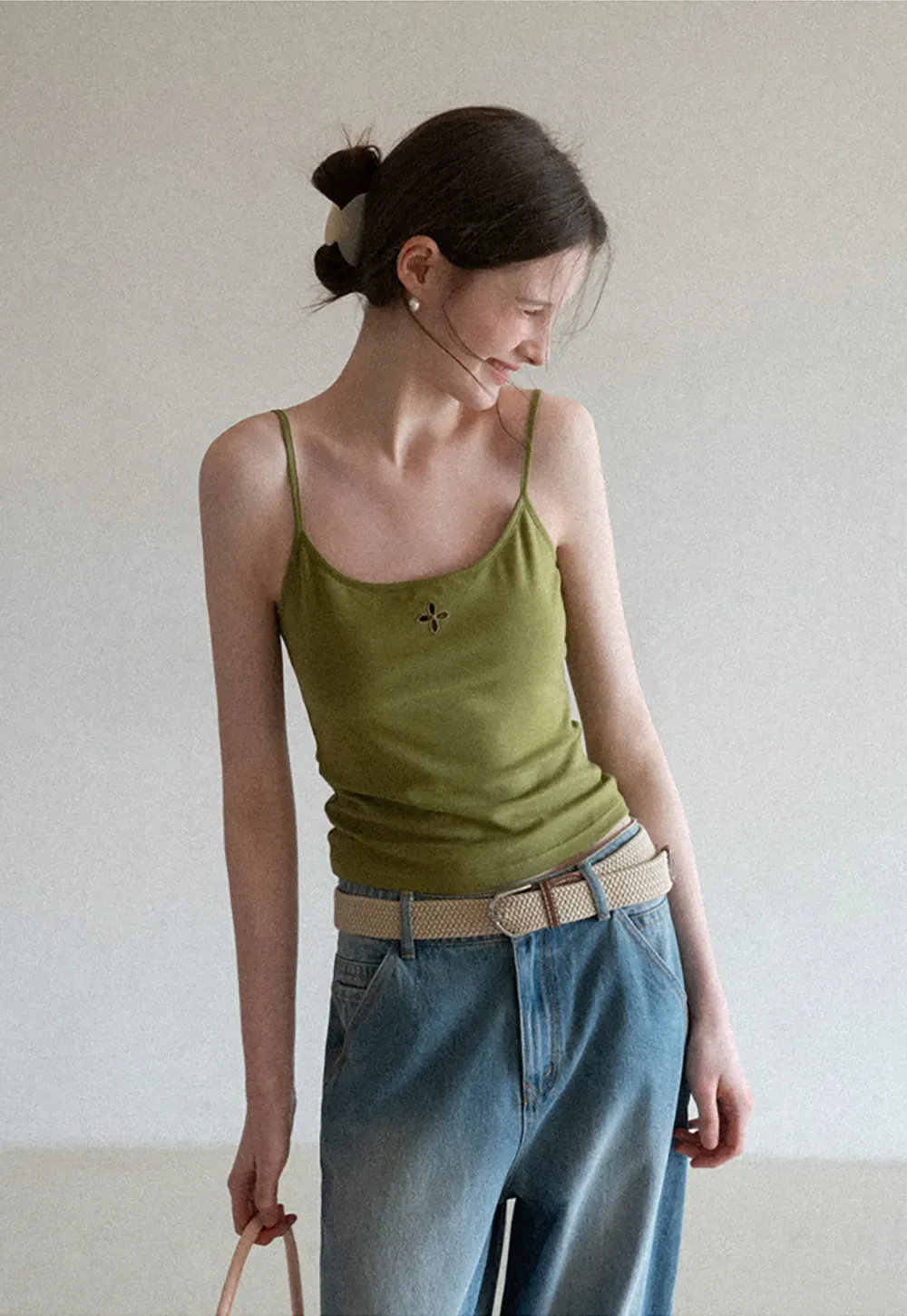 Gray tank top with small embroidered cross detail