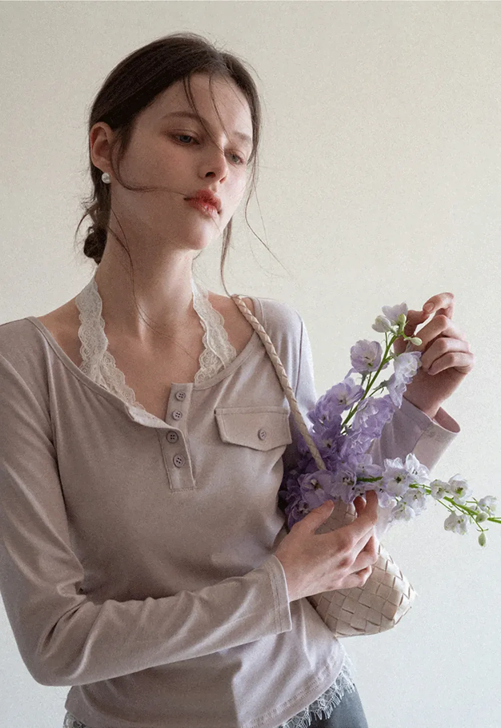 Long sleeve Henley top with lace trim