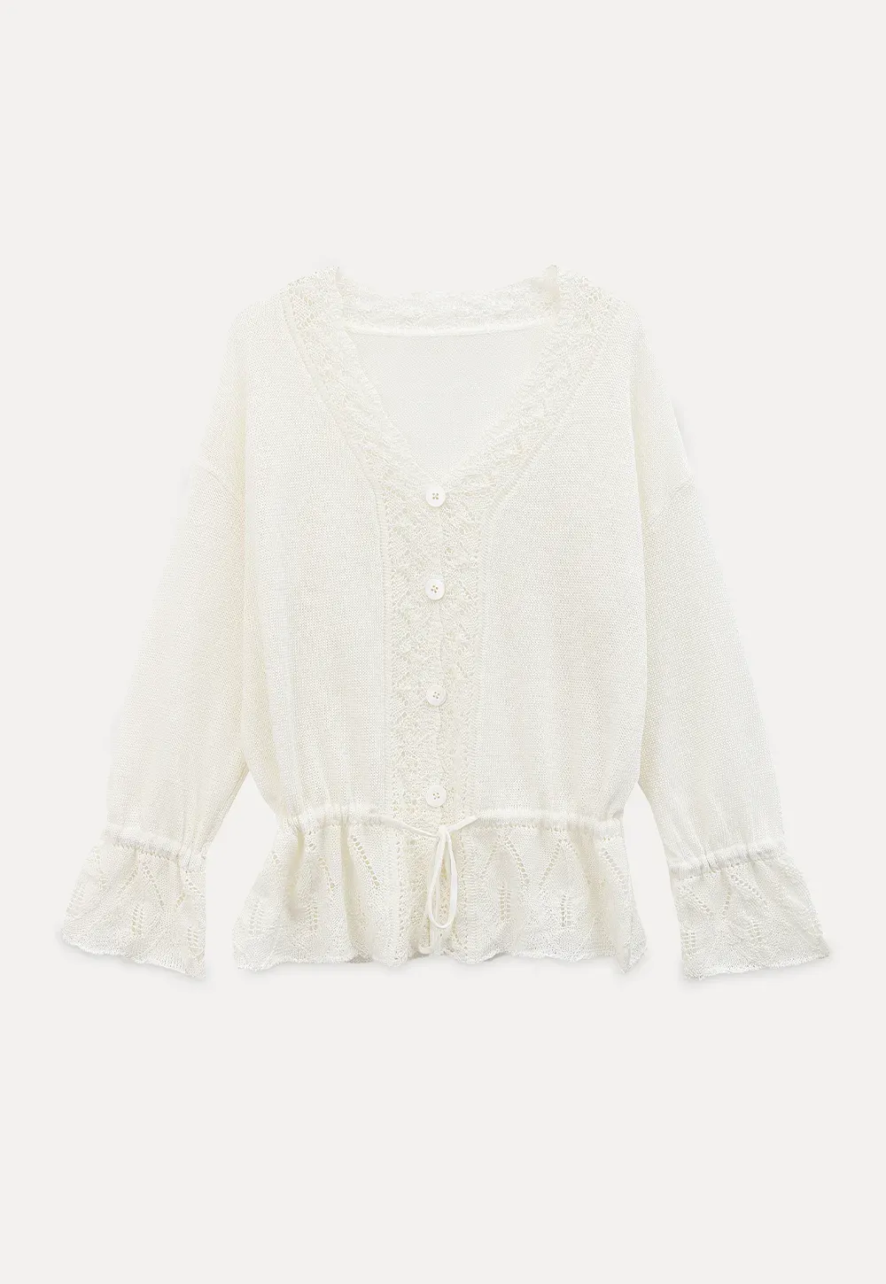 Lace Trimmed V Neck Knit Sweater with Drawstring Hem