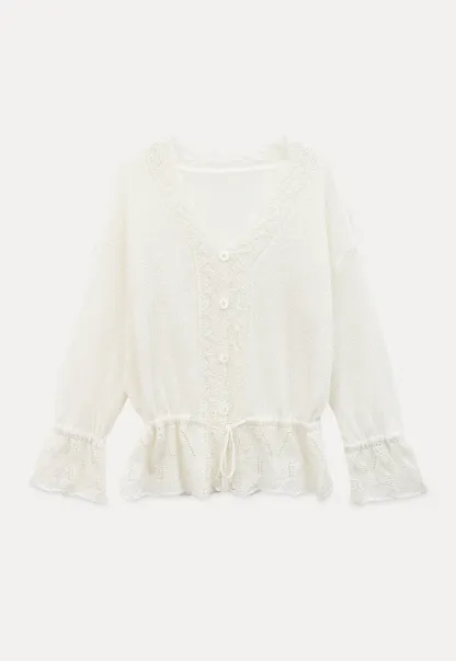 Lace Trimmed V Neck Knit Sweater with Drawstring Hem