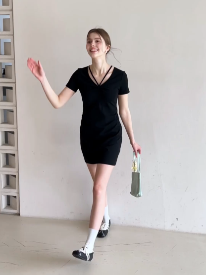 Short Sleeve Dress with V Neck and Front Twist Detail