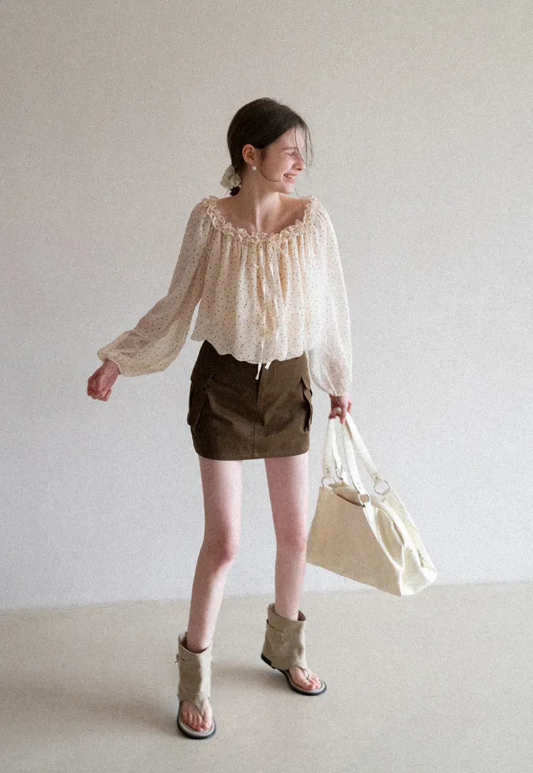 Polka Dot Ruffled Off Shoulder Chiffon Blouse