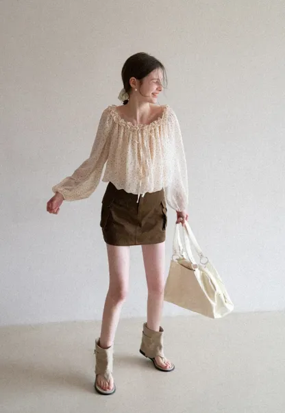 Polka Dot Ruffled Off Shoulder Chiffon Blouse