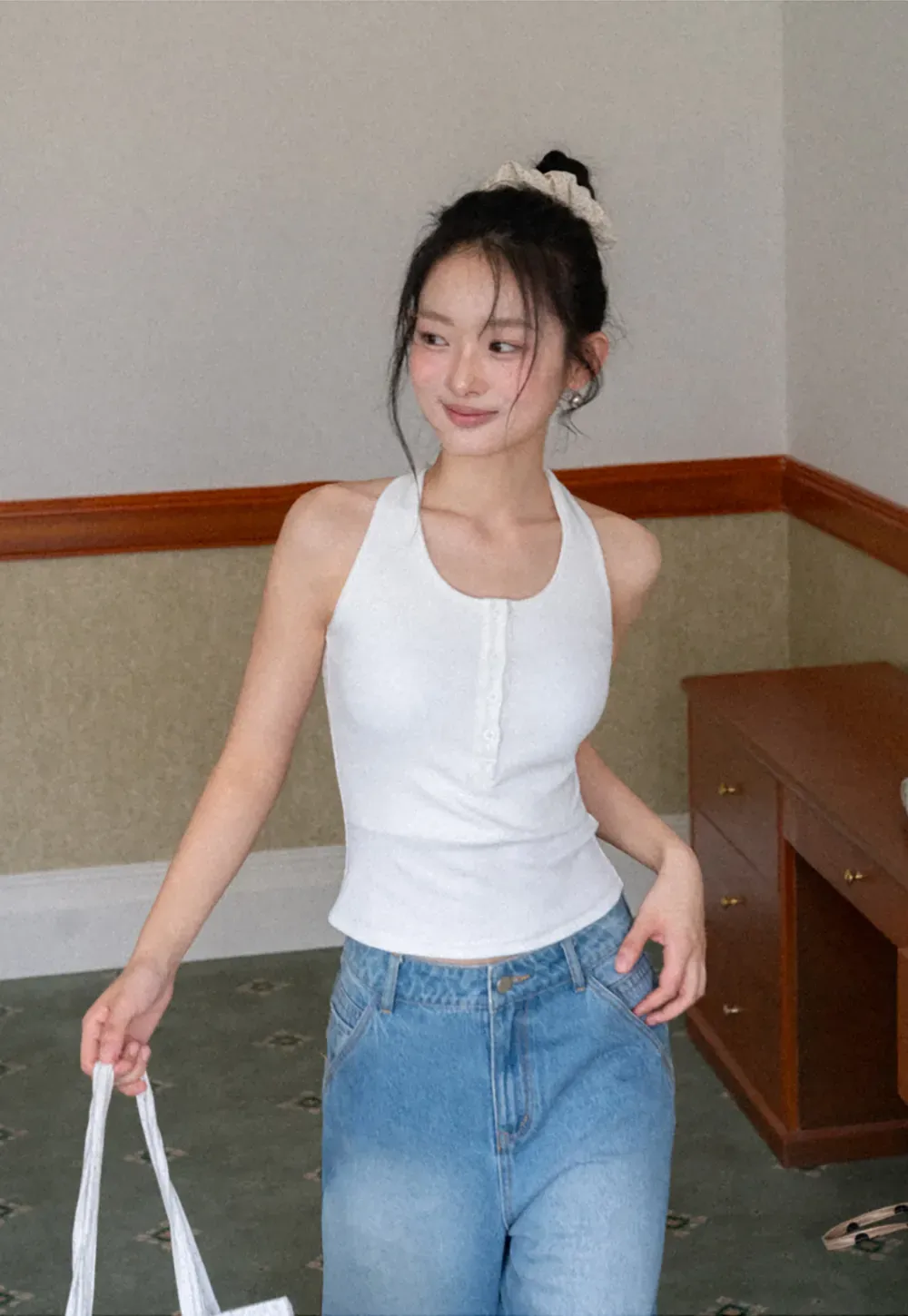 Sleeveless Halter Neck Top with Front Placket