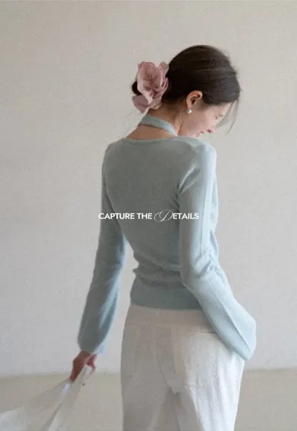 V neck long sleeve knit cardigan with open shoulders