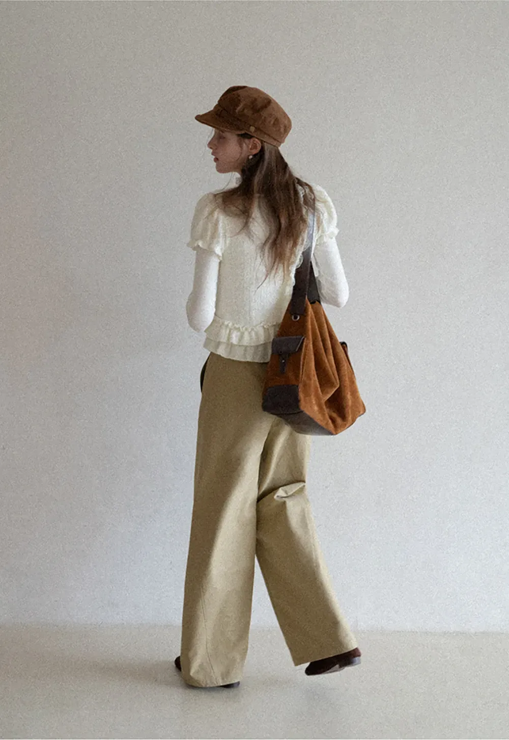 floral lace top with puffed sleeves and ruffled hem