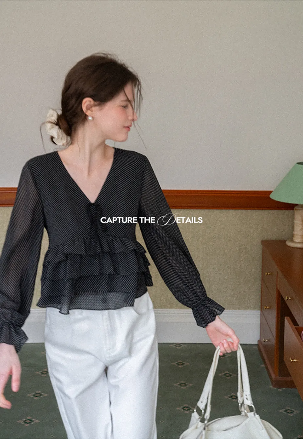 Polka Dot Sheer Blouse with Ruffled Hem and Tie Neck