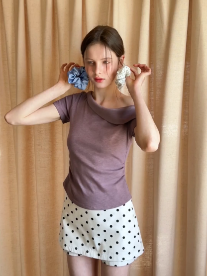 Polka dot off shoulder short sleeve tops