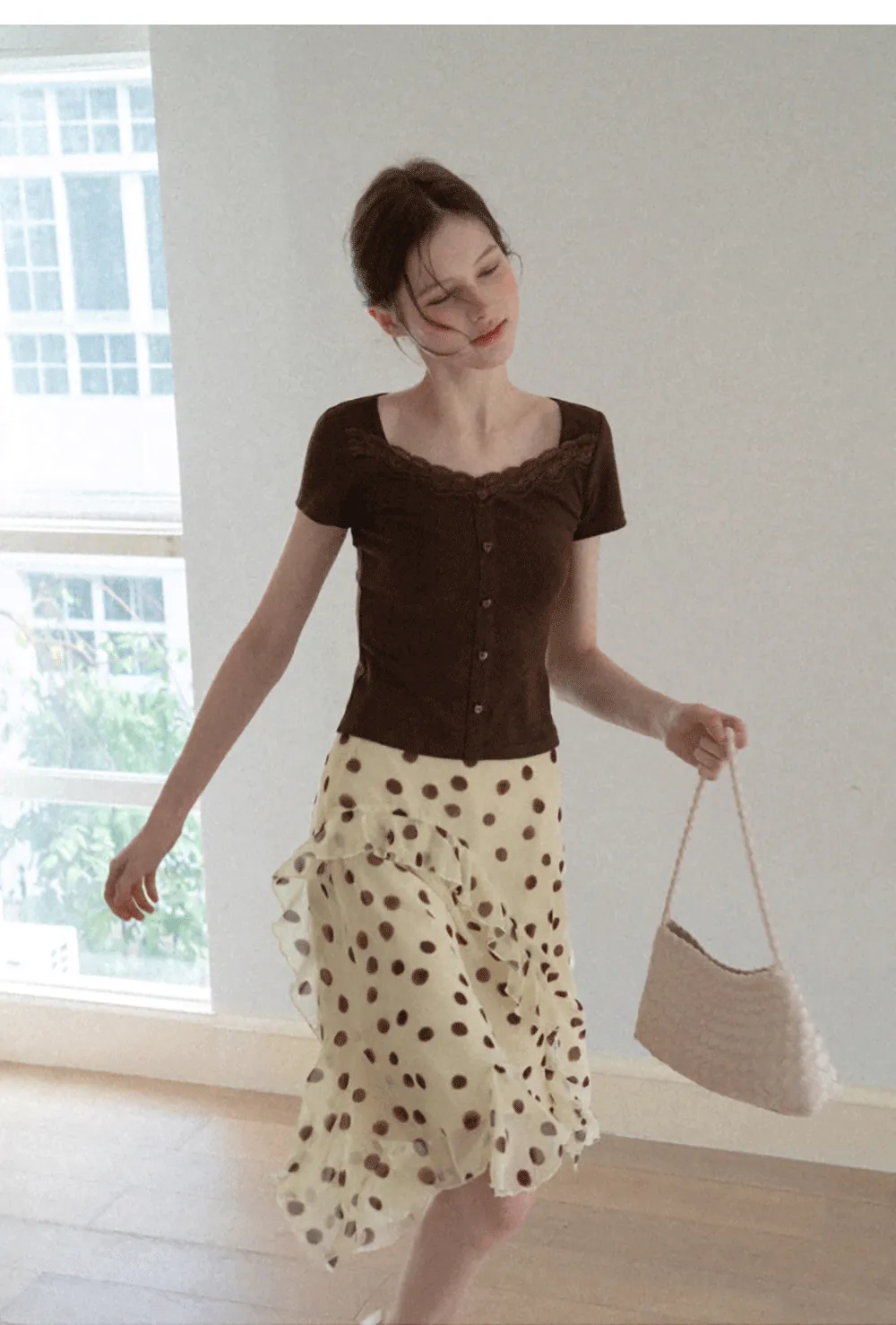 Polka dot ruffled asymmetrical midi skirt