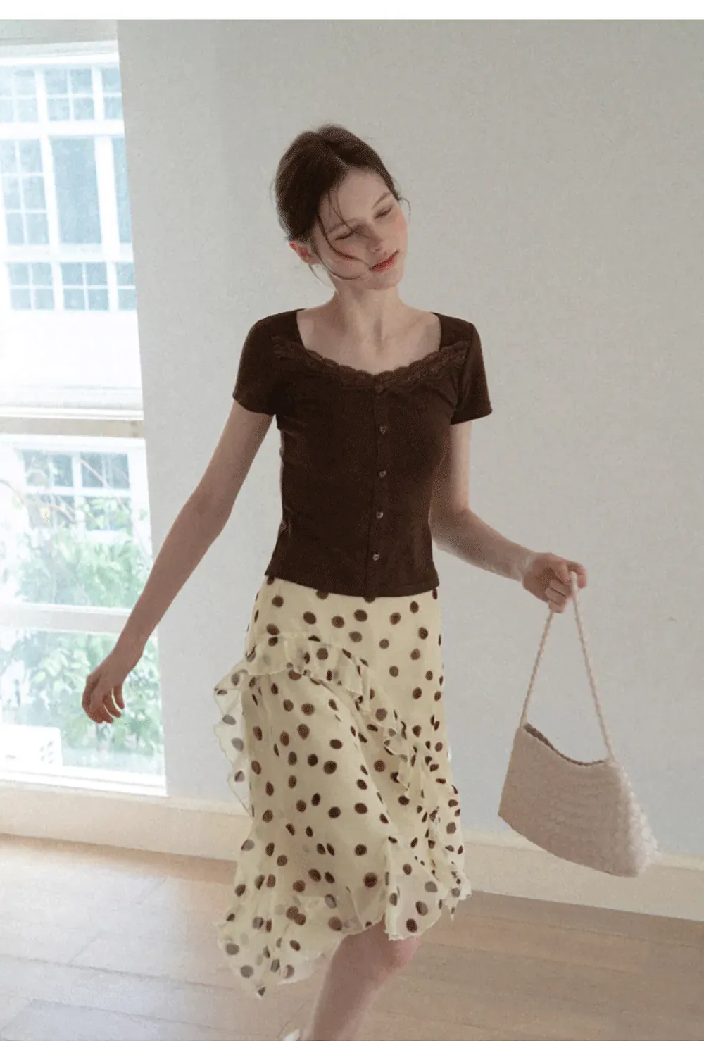 Polka dot ruffled asymmetrical midi skirt