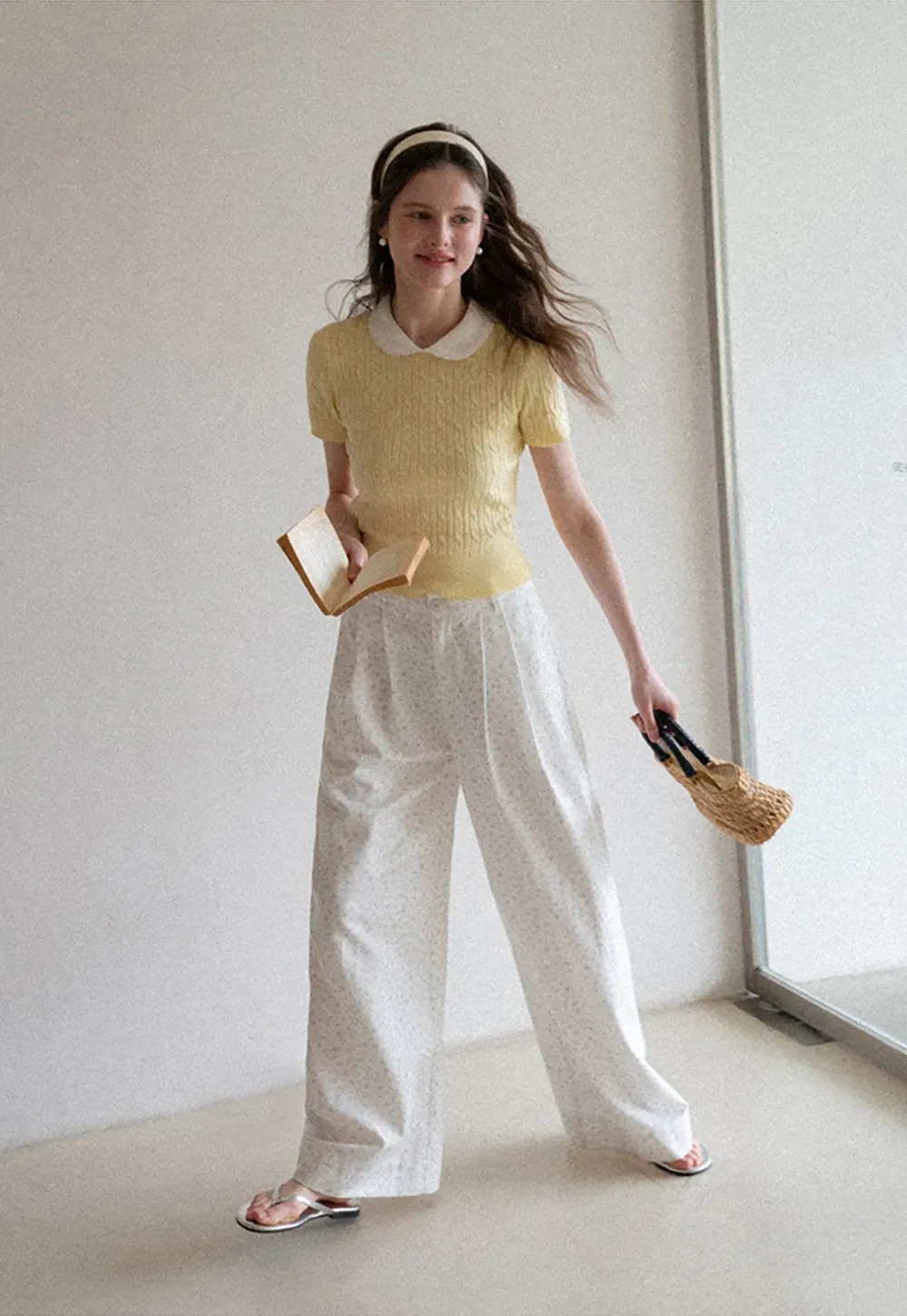 Cable Knit Short Sleeve Sweater with Collar