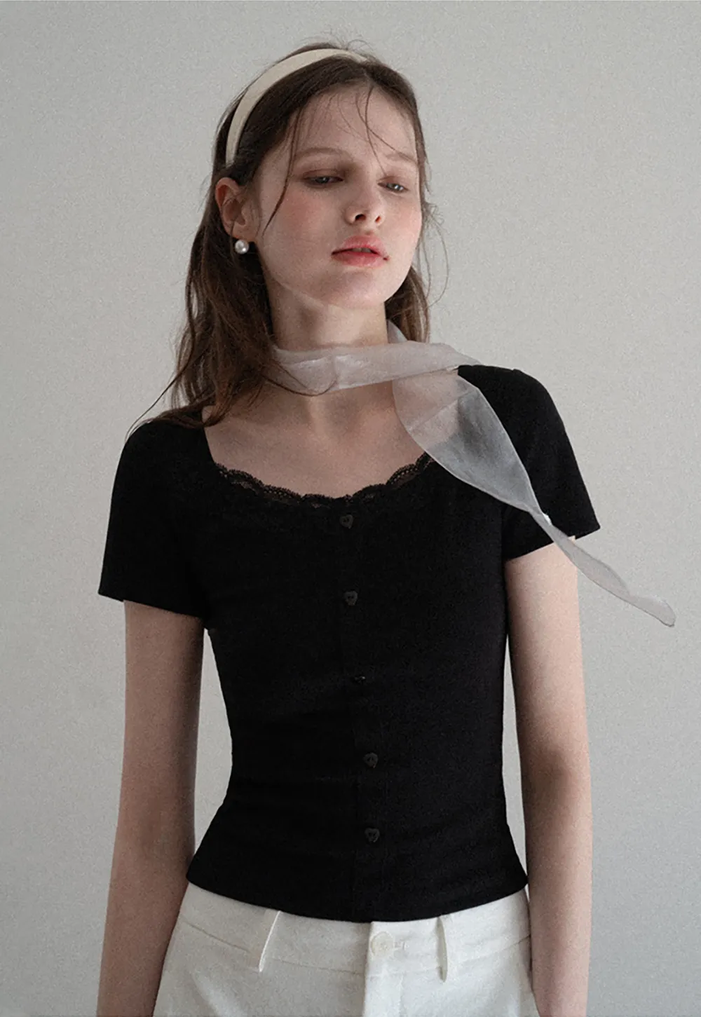 Short Sleeve Button Front Top with Lace Trim