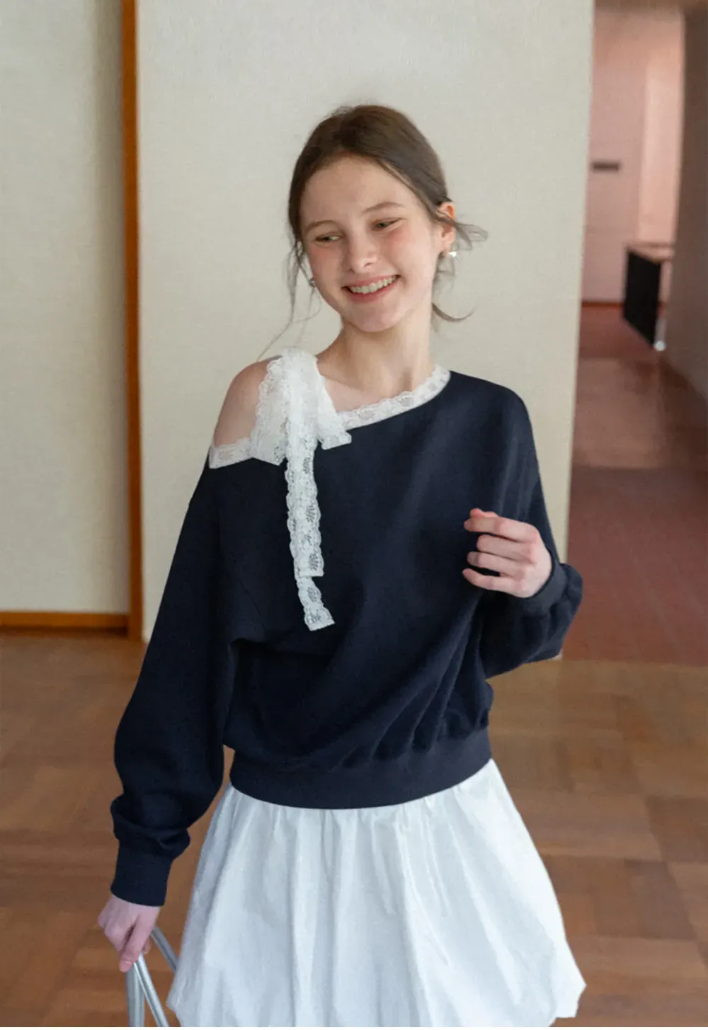 Off shoulder sweatshirt with lace trim detail