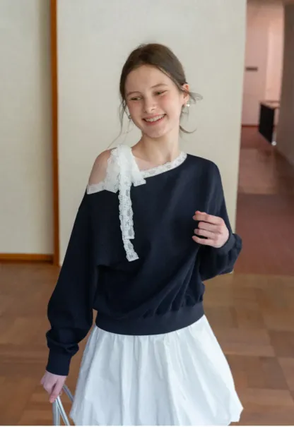 Off shoulder sweatshirt with lace trim detail