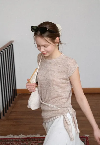 Short Sleeve Knit Sweater with Neck Tie Detail