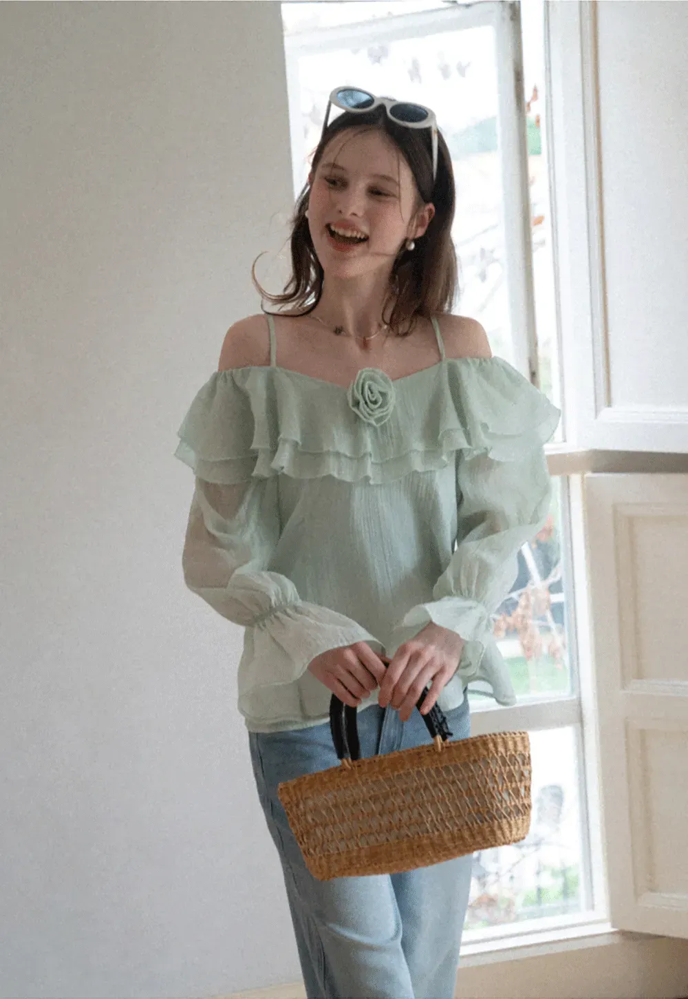 Off Shoulder Blouse with Ruffled Layers and Floral Embellishment