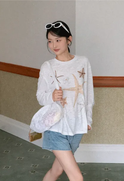 Long sleeve T shirt with starfish embroidery