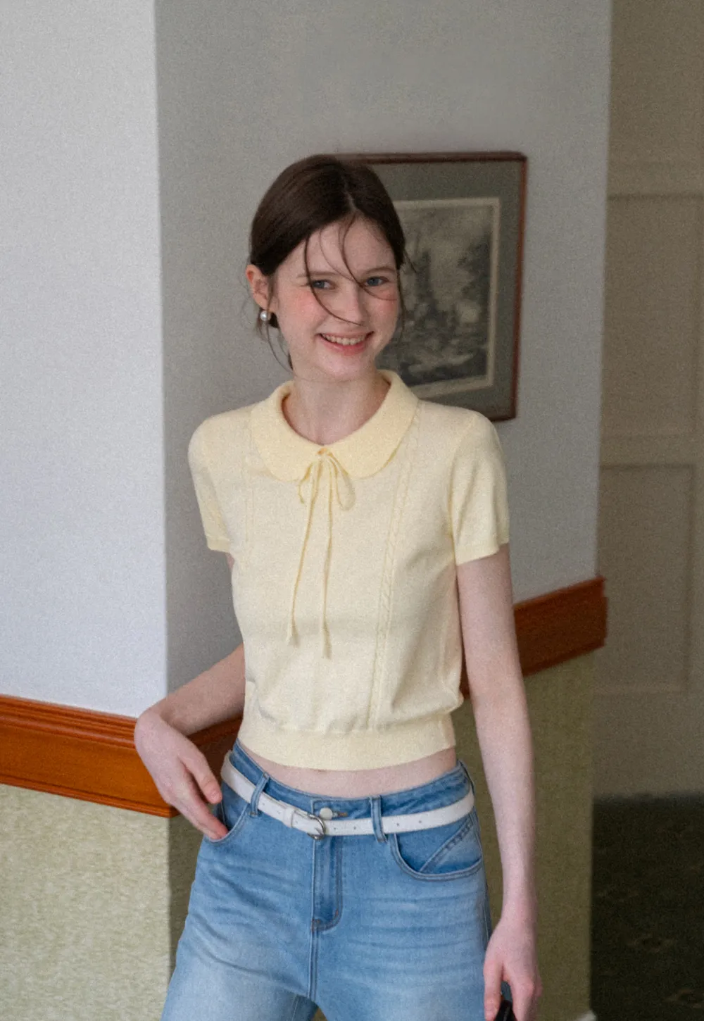 Short Sleeve Knit Top with Collar and Drawstring