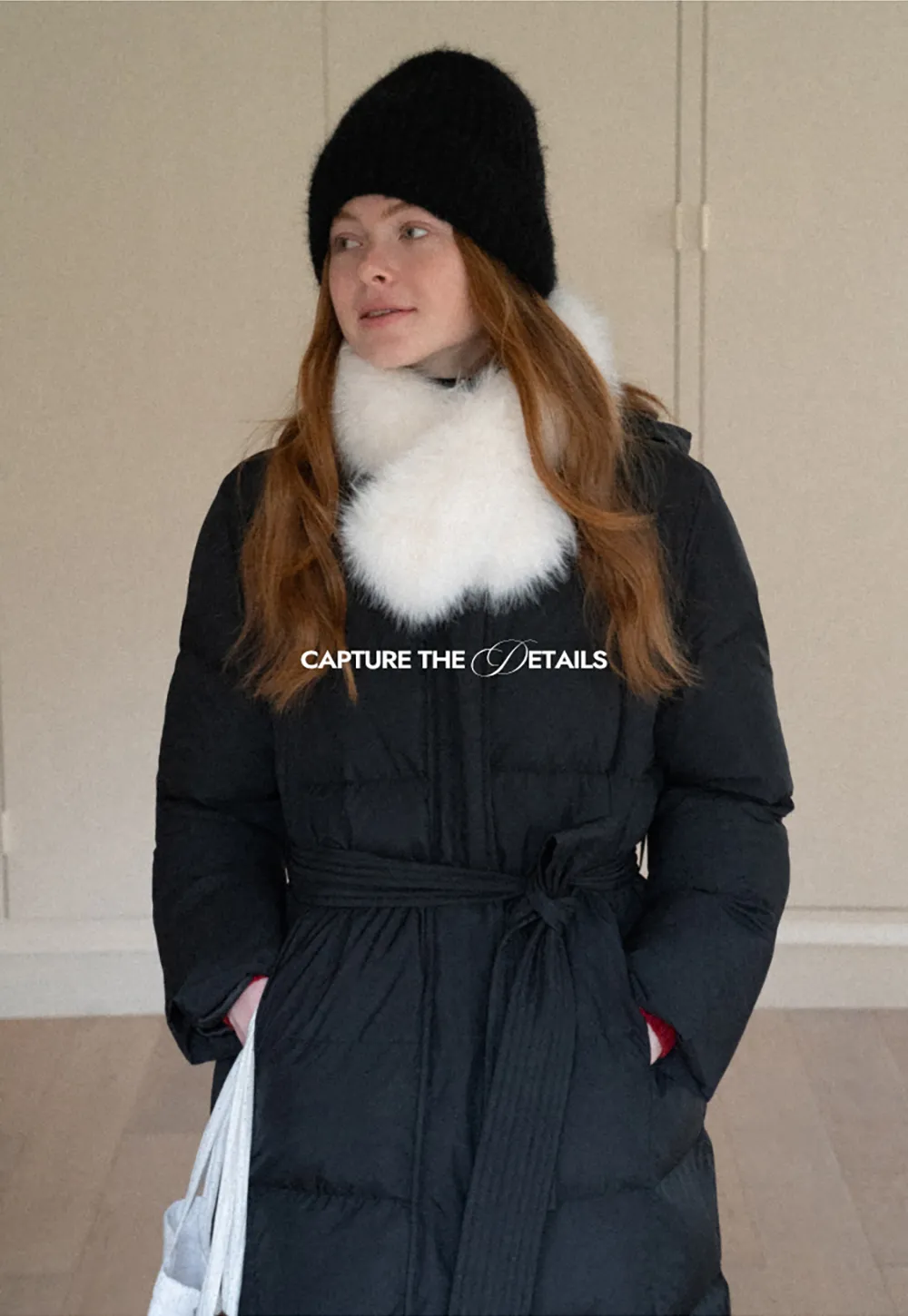 Long Puffer Coat with Fur Trim Hood Belted Design