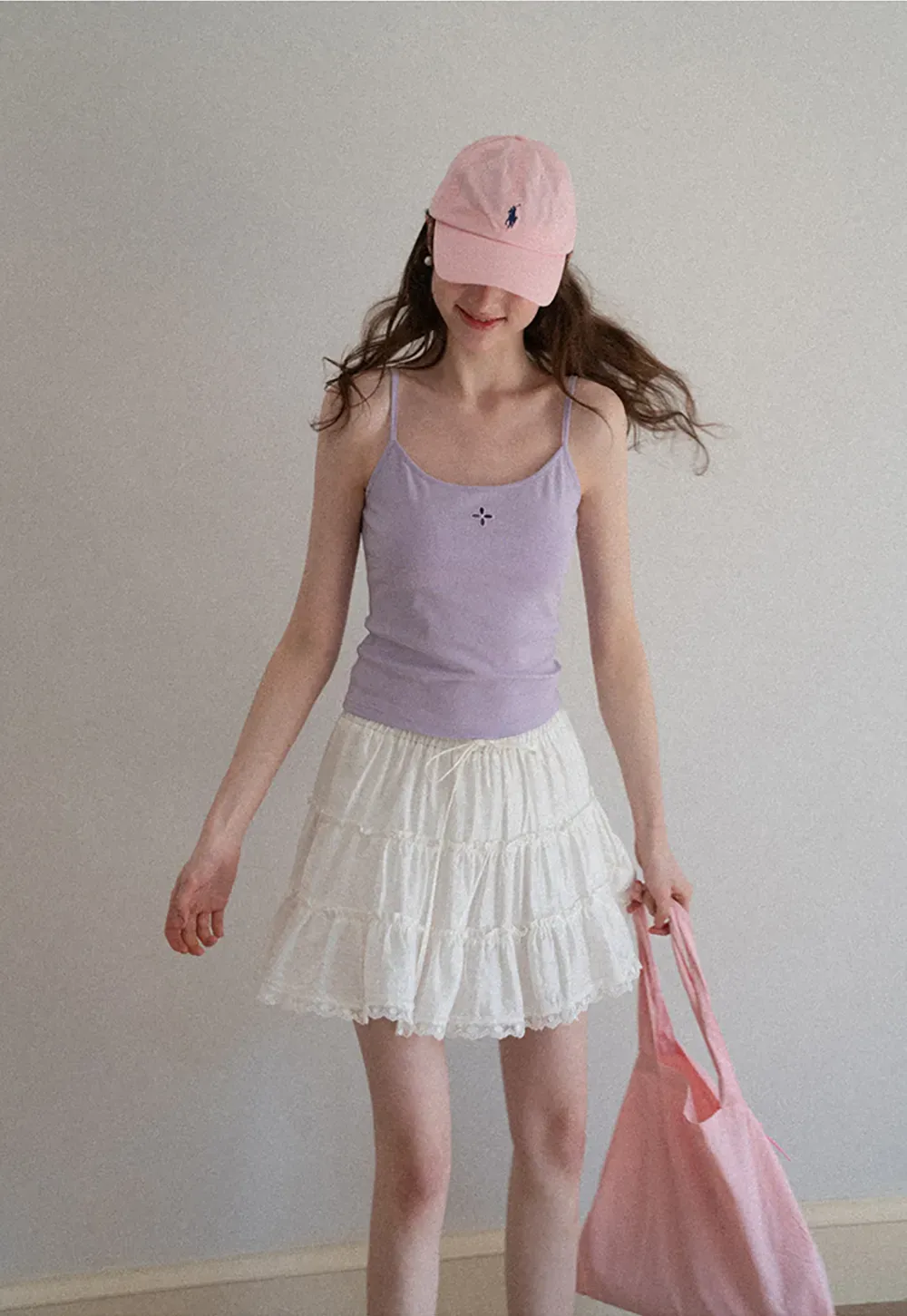 Tiered lace hem drawstring waist skirt