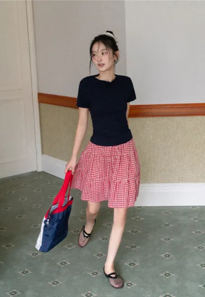 Gingham Pattern Tiered Skirt