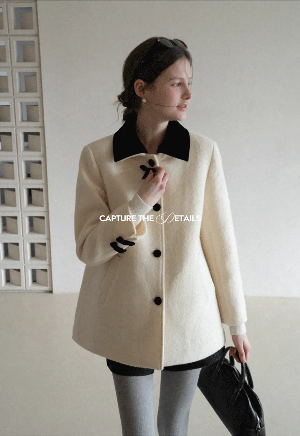 Elegant Wool Coat with Bow Detail and Contrasting Collar
